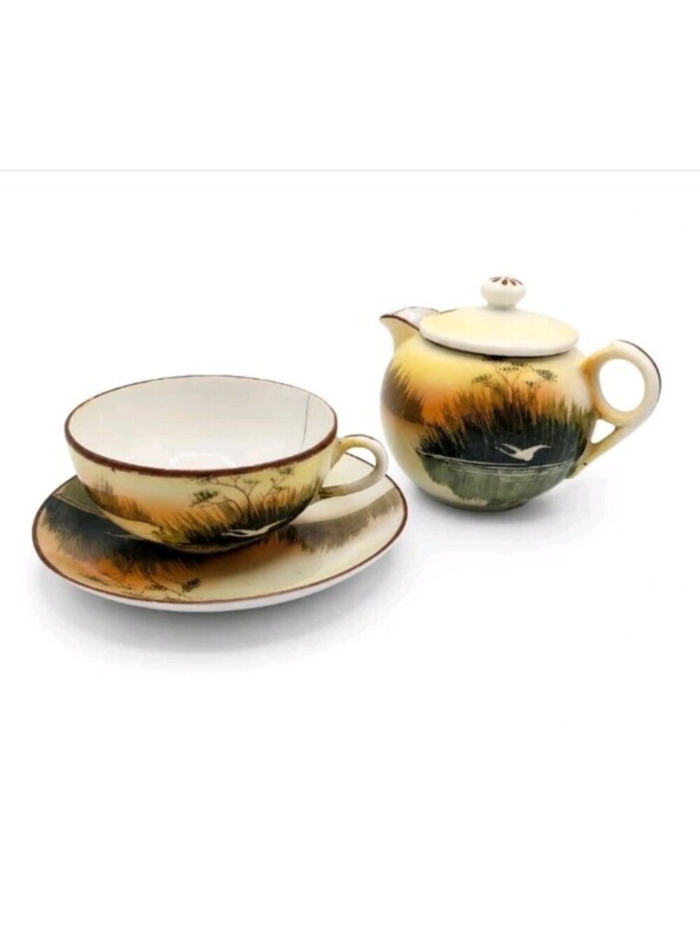 Vintage Hand Painted Japanese Tea Set Teapot Cup Saucer Landscape Moriage Kutani